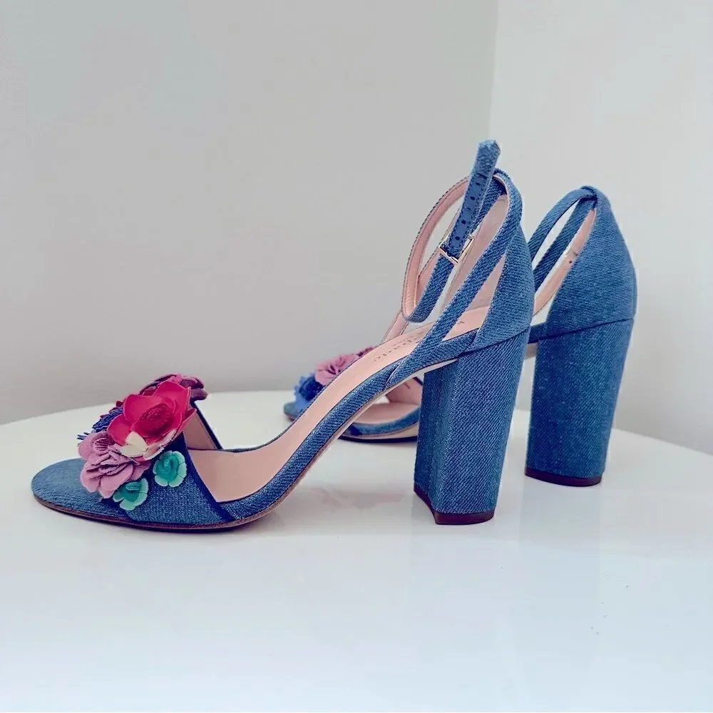 ⭕️ KATE SPADE Obelie Heels Sandals Denim Flowers Blue